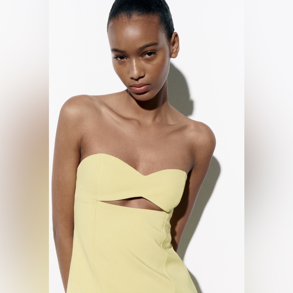 Zara Butter Lemon Yellow Mini Bodycon Dress Cut Out Evening Summer - Picture 6 of 15